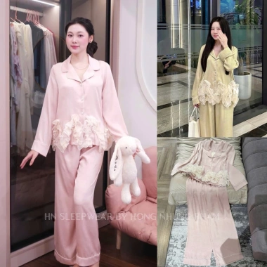 Bộ ngủ lụa LyLy gấu bèo to mềm mại, set dài tay sang trọng cho nhà, đi chơi, du lịch 605.000₫