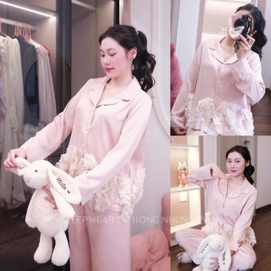 Bộ ngủ lụa LyLy gấu bèo to mềm mại, set dài tay sang trọng cho nhà, đi chơi, du lịch 605.000₫