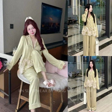 Bộ ngủ lụa LyLy gấu bèo to mềm mại, set dài tay sang trọng cho nhà, đi chơi, du lịch 605.000₫