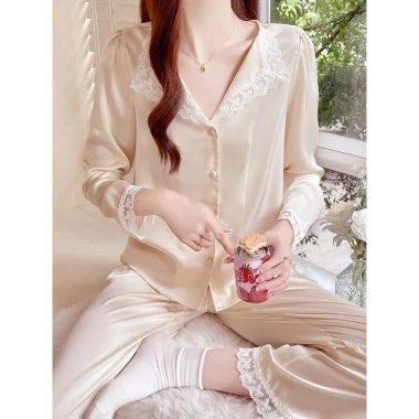 Bộ ngủ lụa nữ dài tay BN31 - Đồ mặc nhà xinh xắn, ren nữ tính, giảm còn 179k 2
