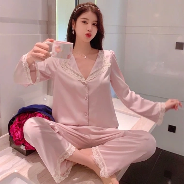Bộ ngủ lụa nữ dài tay BN31 - Đồ mặc nhà xinh xắn, ren nữ tính, giảm còn 179k 3