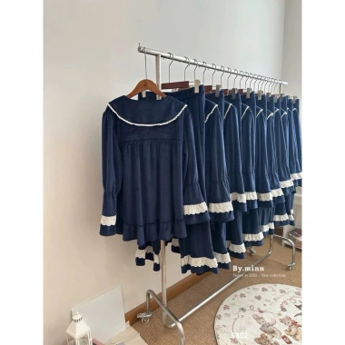 Bộ ngủ nhung mềm mịn cổ nơ ren - ấm áp, thích hợp mặc nhà và du lịch - giảm 22%