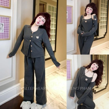 Bộ ngủ nỉ cotton chấm bi 3 món cổ tròn dài tay mềm mại, thích hợp mặc nhà, du lịch - 528.000₫ 3