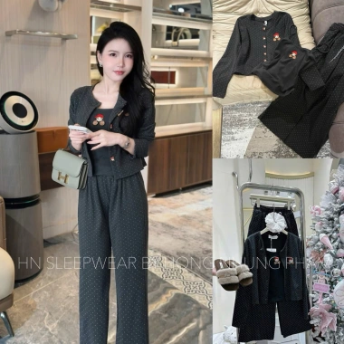 Bộ ngủ nỉ cotton chấm bi 3 món cổ tròn dài tay mềm mại, thích hợp mặc nhà, du lịch - 528.000₫ 4