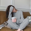 Bộ ngủ nữ cotton tổ ong, set mặc nhà thu đông len dáng rộng bo gấu thể thao B03