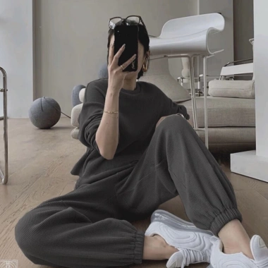 Bộ ngủ nữ cotton tổ ong, set mặc nhà thu đông len dáng rộng bo gấu thể thao B03 3