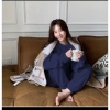 Bộ ngủ nữ cotton tổ ong, set mặc nhà thu đông len dáng rộng bo gấu thể thao B03 4