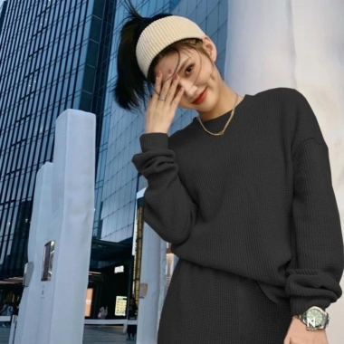 Bộ ngủ nữ cotton tổ ong, set mặc nhà thu đông len dáng rộng bo gấu thể thao B03 8