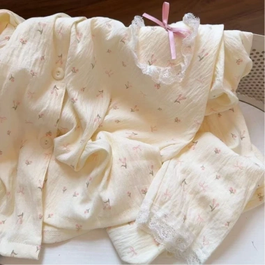 Bộ ngủ nữ dài tay họa tiết hoa ren - Pijama thu đông 207, chỉ 130.000₫