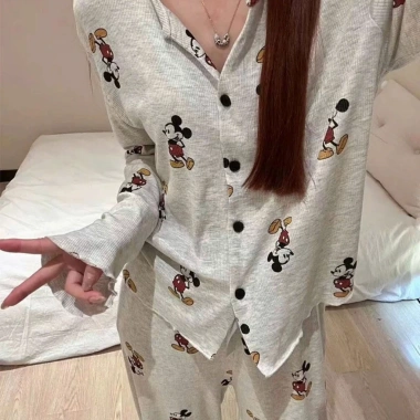 Bộ ngủ nữ dài tay thun tăm họa Mickey pijama hoạt hình dễ mặc thu đông - 145.000đ 3