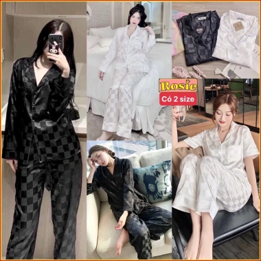 Bộ ngủ pijama nữ gấm ô vuông trắng-đen sang trọng 2 size giá rẻ 135k