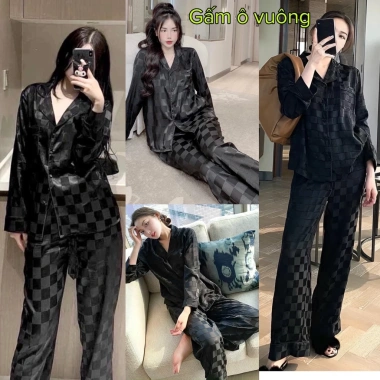 Bộ ngủ pijama nữ gấm ô vuông trắng-đen sang trọng 2 size giá rẻ 135k
