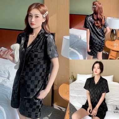 Bộ ngủ pijama nữ gấm ô vuông trắng-đen sang trọng 2 size giá rẻ 135k