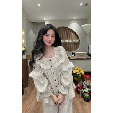 Bộ ngủ pijama thu đông vân mây cổ vuông ren bèo ống tiểu thư Ngọc Ánh - Giảm còn 290.000₫ 5