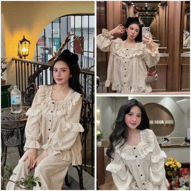Bộ ngủ pijama thu đông vân mây cổ vuông ren bèo ống tiểu thư Ngọc Ánh - Giảm còn 290.000₫ 8