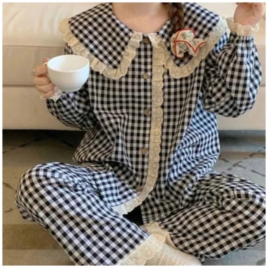 Bộ Ngủ Pyjama Dài kẻ Xốp cổ bèo viền ren siêu xinh, thoáng mát, giá ưu đãi 149k