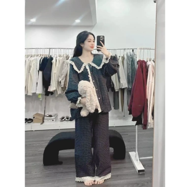 Bộ Ngủ Pyjama Dài kẻ Xốp cổ bèo viền ren siêu xinh, thoáng mát, giá ưu đãi 149k