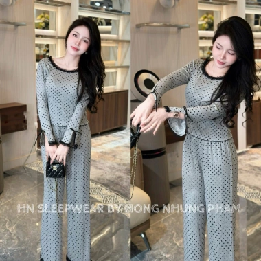 Bộ ngủ thun cotton cổ tròn ren đen mềm mại, dài tay, thoải mái, sang chảnh - Set mặc nhà, đi chơi, du lịch 415k