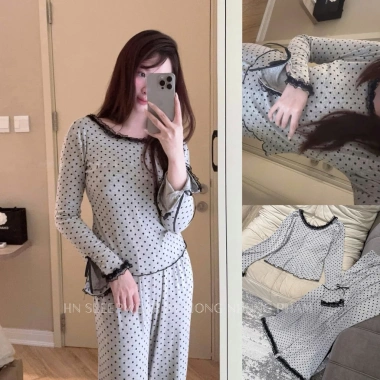 Bộ ngủ thun cotton cổ tròn ren đen mềm mại, dài tay, thoải mái, sang chảnh - Set mặc nhà, đi chơi, du lịch 415k