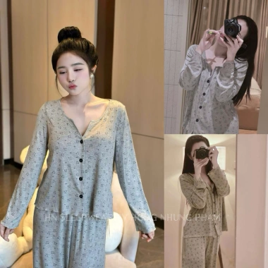 Bộ ngủ thun cotton cổ tròn ren đen mềm mại, dài tay, thoải mái, sang chảnh - Set mặc nhà, đi chơi, du lịch 415k