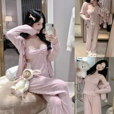 Bộ ngủ thun tăm cổ bèo 3 món mềm mịn, dài tay, thoải mái mặc nhà, dạo phố, du lịch - 480k 2