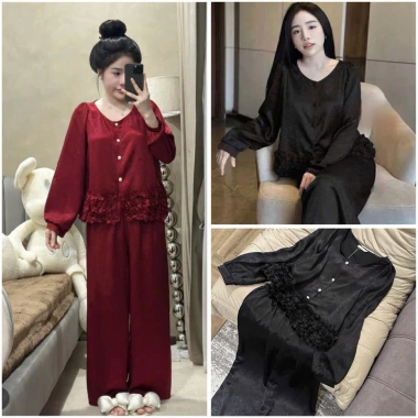 Bộ ngủ tiểu thư lụa xốp lyly tay dài, cổ tròn cao cấp Quảng Châu - 520k giảm giá
