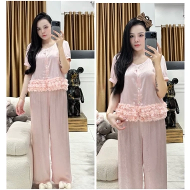 Bộ ngủ tiểu thư lụa xốp lyly tay dài, cổ tròn cao cấp Quảng Châu - 520k giảm giá
