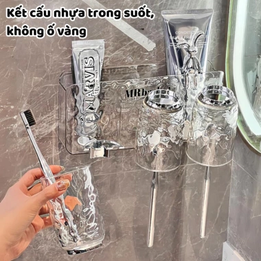 Bộ Nhả Kem Đánh Răng Trong Suốt DOMES - Kệ Treo Bàn Chải, Cốc Nhựa Dán Tường, Giá chỉ 116.000 VND