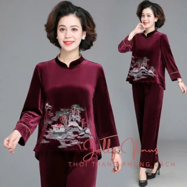 Bộ nhung dài tay SP9 phong cách mới, tặng mẹ bà, mặc xuân thu - Giá ưu đãi 160.000₫