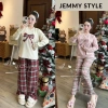 Bộ nỉ nữ thu đông HCOM3.510: áo sweater in nơ + quần kẻ caro viền bèo, chỉ 269k
