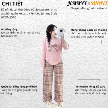 Bộ nỉ nữ thu đông HCOM3.510: áo sweater in nơ + quần kẻ caro viền bèo, chỉ 269k 2
