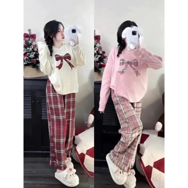 Bộ nỉ nữ thu đông HCOM3.510: áo sweater in nơ + quần kẻ caro viền bèo, chỉ 269k 4