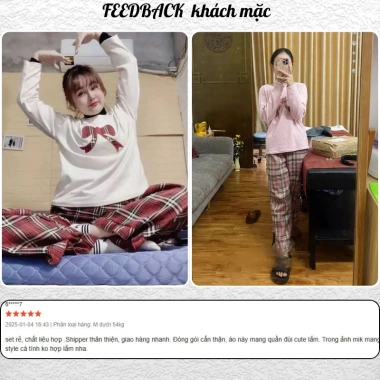 Bộ nỉ nữ thu đông HCOM3.510: áo sweater in nơ + quần kẻ caro viền bèo, chỉ 269k 8