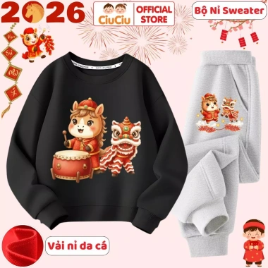 Bộ Nỉ Sweater Tết Bính Ngọ 2.026 Múa Lân Bé Trai & Bé Gái - CIUCIU KID Vải Da Cá Ấm 8