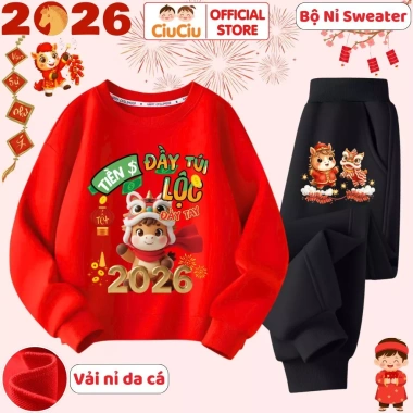 Bộ Nỉ Tết Tài Lộc 2.026 CIUCIU KID Đồ Bé Trai Gái Vải Nỉ Da Cá Ấm, Giá 296.000₫