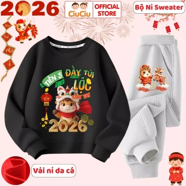 Bộ Nỉ Tết Tài Lộc 2.026 CIUCIU KID Đồ Bé Trai Gái Vải Nỉ Da Cá Ấm, Giá 296.000₫