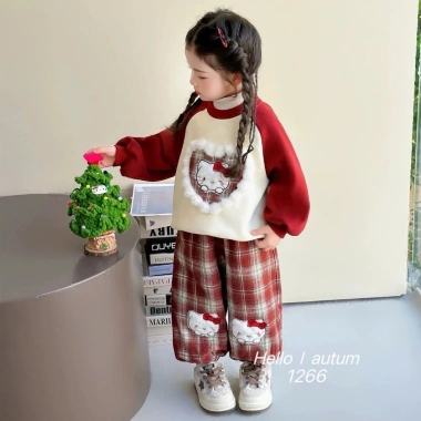 Bộ nỉ thu đông bé gái đỏ mèo Kitty, quần caro ấm áp - Dolly Kids DL40, 159k 2