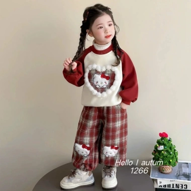 Bộ nỉ thu đông bé gái đỏ mèo Kitty, quần caro ấm áp - Dolly Kids DL40, 159k 4