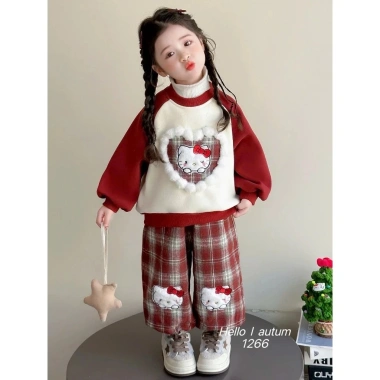 Bộ nỉ thu đông bé gái đỏ mèo Kitty, quần caro ấm áp - Dolly Kids DL40, 159k 6