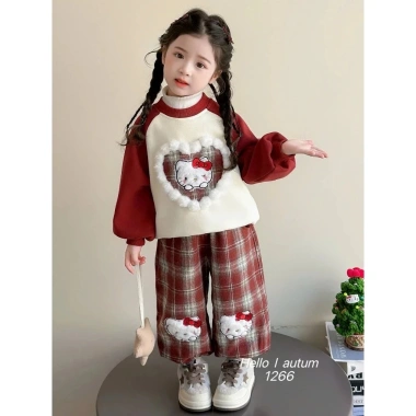 Bộ nỉ thu đông bé gái đỏ mèo Kitty, quần caro ấm áp - Dolly Kids DL40, 159k 7