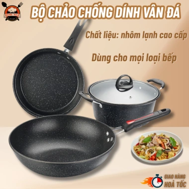 Bộ Nồi Chảo 3 Chi Tiết Vân Đá Cremic Đen Dày Chống Dính, Chất Lượng Cao - 159.000đ