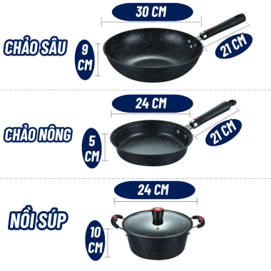 Bộ Nồi Chảo 3 Chi Tiết Vân Đá Cremic Đen Dày Chống Dính, Chất Lượng Cao - 159.000đ 4