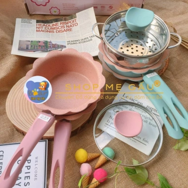 Bộ nồi chảo ăn dặm cho bé men đá chống dính hình hoa cao cấp kèm xửng hấp giảm 23%