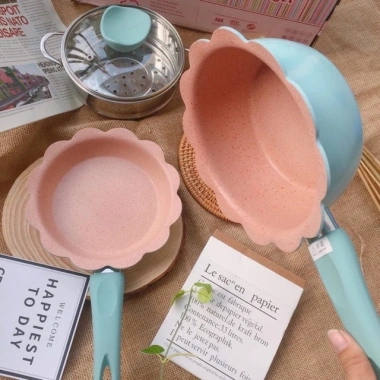 Bộ nồi chảo ăn dặm cho bé men đá chống dính hình hoa cao cấp kèm xửng hấp giảm 23%