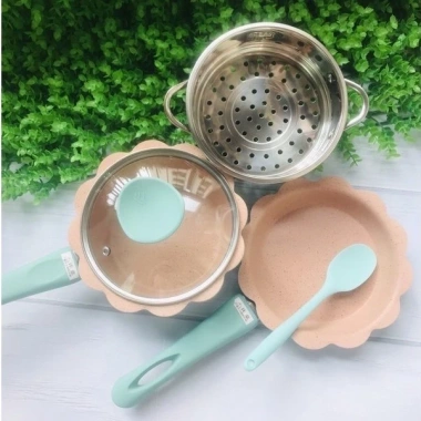 Bộ nồi chảo ăn dặm cho bé men đá chống dính hình hoa cao cấp kèm xửng hấp giảm 23%