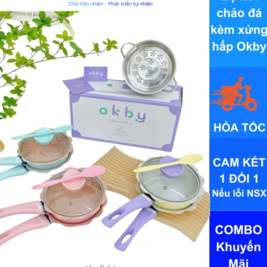 Bộ Nồi Chảo Đá Okby 16cm cho Bé Ăn Dặm - Đa năng, dùng được bếp từ, kèm xửng hấp - Giá chỉ 170.000₫