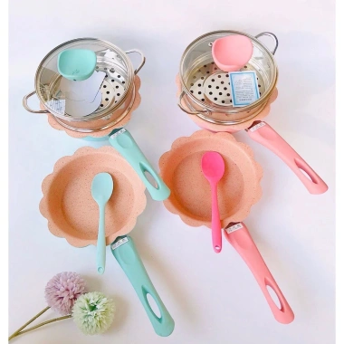 Bộ Nồi Chảo Đá Okby 16cm cho Bé Ăn Dặm - Đa năng, dùng được bếp từ, kèm xửng hấp - Giá chỉ 170.000₫