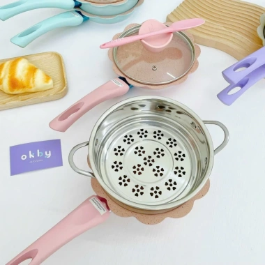 Bộ Nồi Chảo Đá Okby 16cm cho Bé Ăn Dặm - Đa năng, dùng được bếp từ, kèm xửng hấp - Giá chỉ 170.000₫