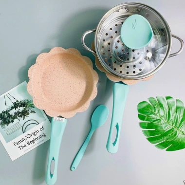 Bộ Nồi Chảo Đá Okby 16cm cho Bé Ăn Dặm - Đa năng, dùng được bếp từ, kèm xửng hấp - Giá chỉ 170.000₫