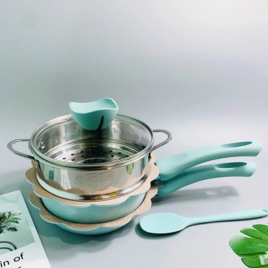 Bộ Nồi Chảo Đá Okby 16cm cho Bé Ăn Dặm - Đa năng, dùng được bếp từ, kèm xửng hấp - Giá chỉ 170.000₫